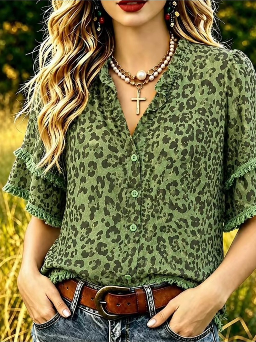 Cherry Betty Leopard Print Ruffle Neck Frayed Hem Top - Size Small New Shirt - Picture 3 of 12